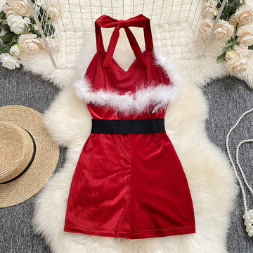 MQTIME  -  Women's Christmas Cosplay Costume Slim Lingerie Rompers Oneseies Feather Trim Backless Jumpsuits Playsuits with Belt